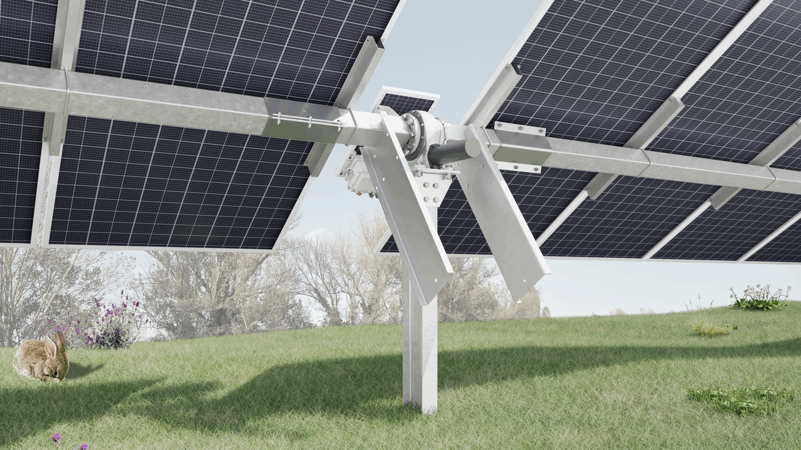 Seguidores solares fotovoltaicos en campo verde con estructura metálica y paneles solares de alta eficiencia