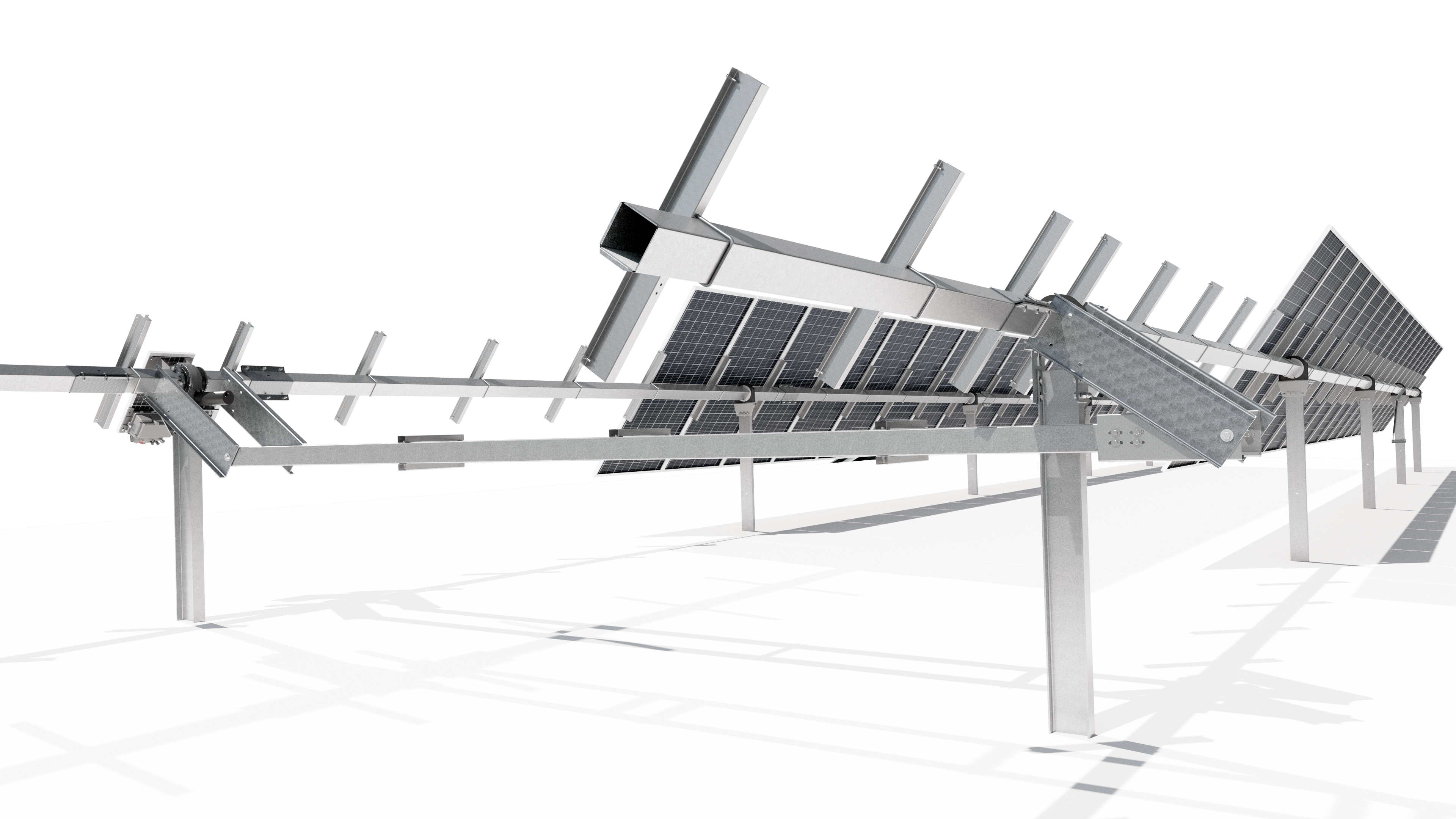 Estructura de seguidor solar a un eje con paneles fotovoltaicos montados en configuración industrial