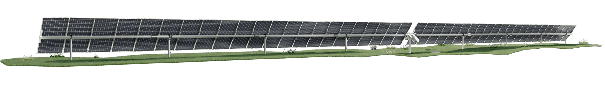Fila de seguidores solares fotovoltaicos a un eje instalados en terreno inclinado con paneles solares de alto rendimiento