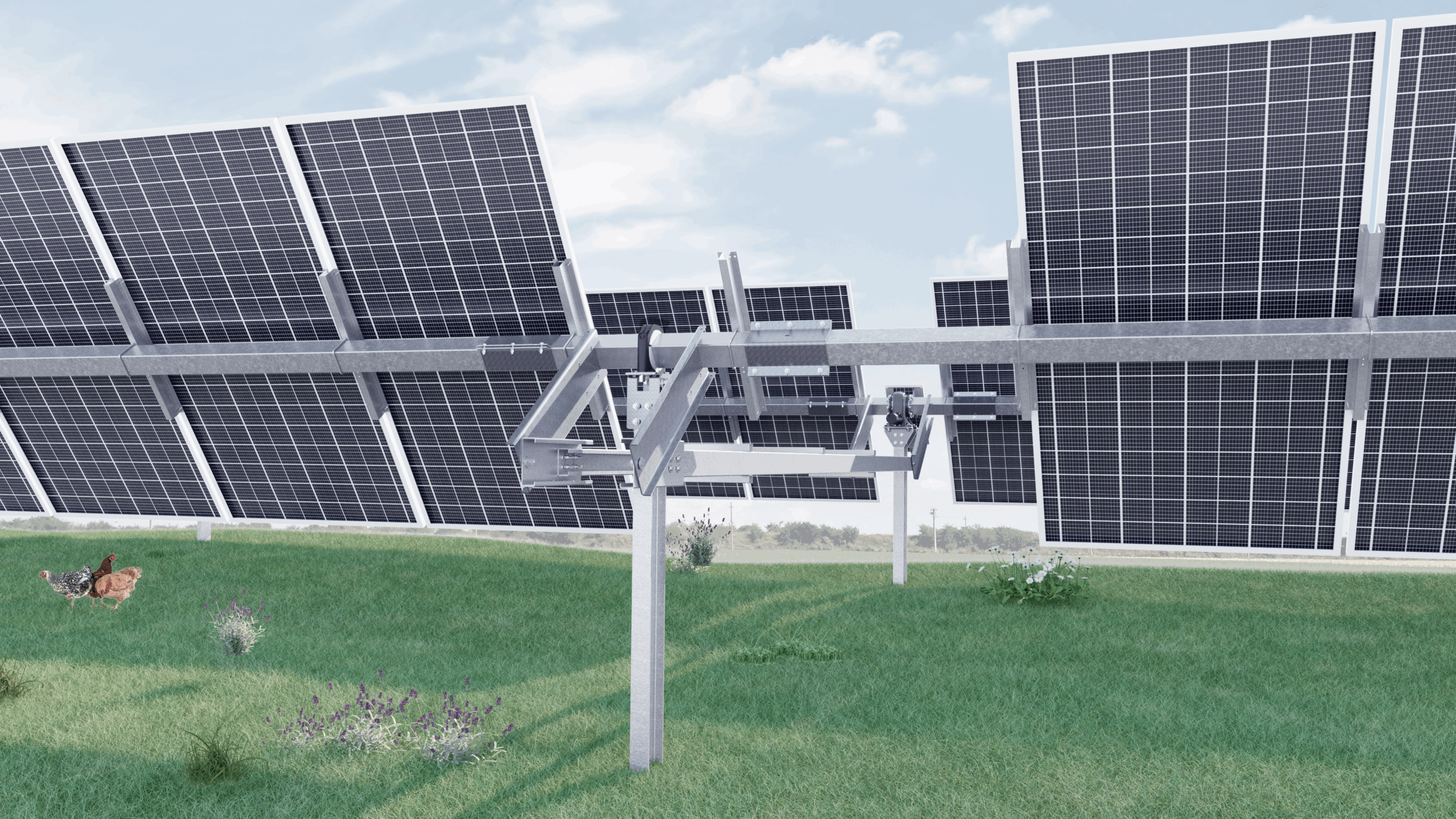 Seguidor solar a un eje con estructura metálica galvanizada y paneles fotovoltaicos instalados en campo verde con gallinas
