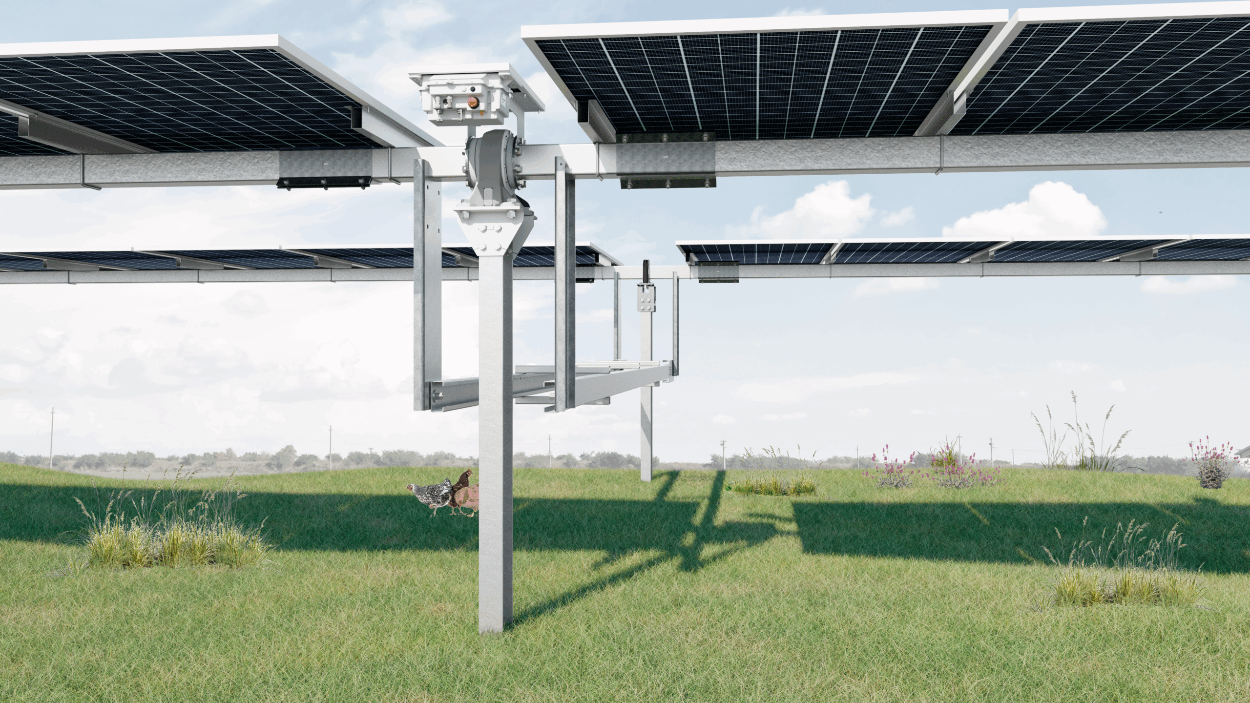 Sistema de seguidores solares con motor central en campo abierto